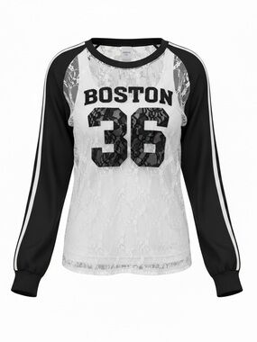 Boston #36 Lace-Overlay Sheer Sports Jersey Long Sleeve Top - Black/White Sz S-L